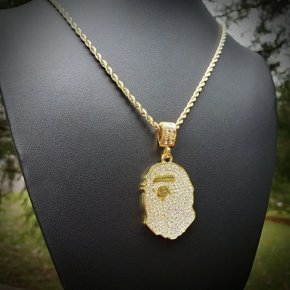 14k GP Iced Out Stainless Steel ape Necklace